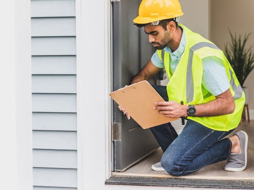 Construction worker kneeling at a doorway, inspecting a clipboard on a house exterior.