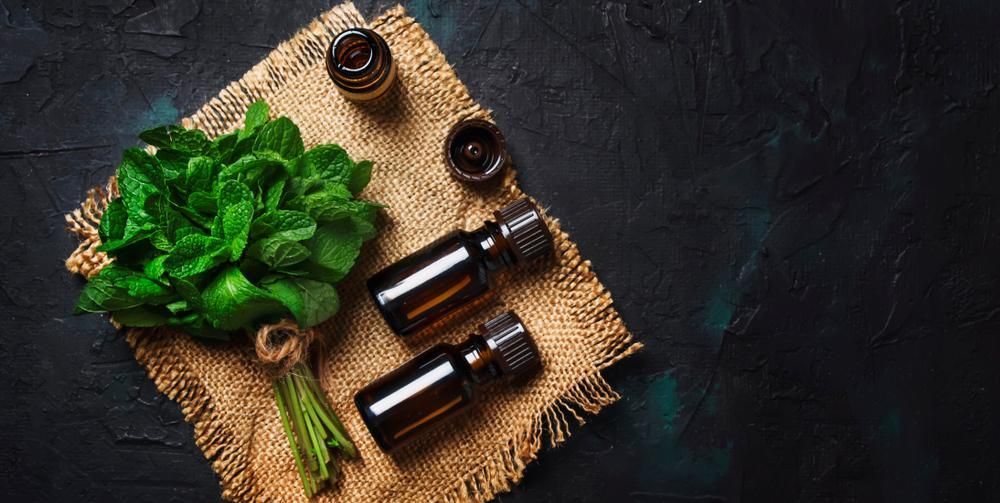 There Are Two Bottles Of Essential Oil Next To A Bunch Of Mint Leaves — Naturopath Australia In Mermaid Beach, QLD