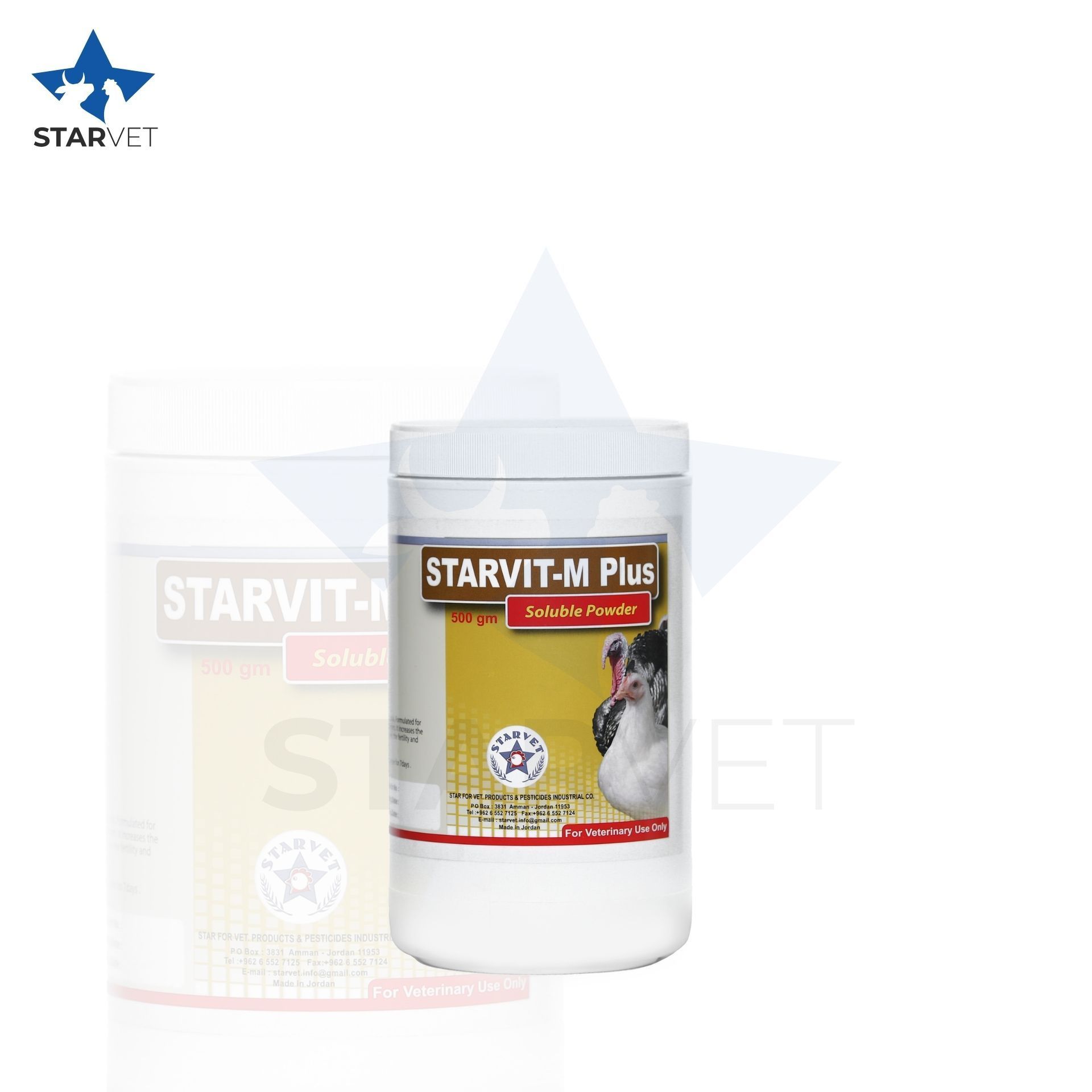 White container of Starvit-M Plus with label and a bird graphic, branded by Starvet.
