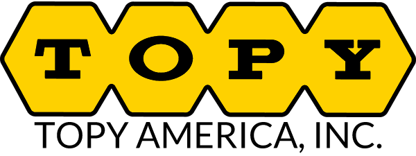 TOPY AMERICA, INC. logo in black text inside yellow hexagons with a gray border