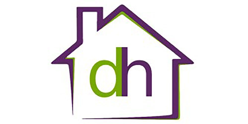 A purple and green house with the letter dh inside of it.