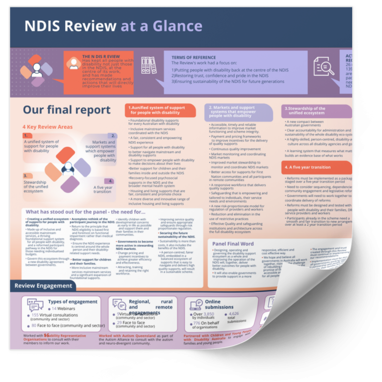 A poster that says ' ndis review at a glance ' on it