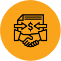 A handshake with a dollar sign and arrows in a circle.
