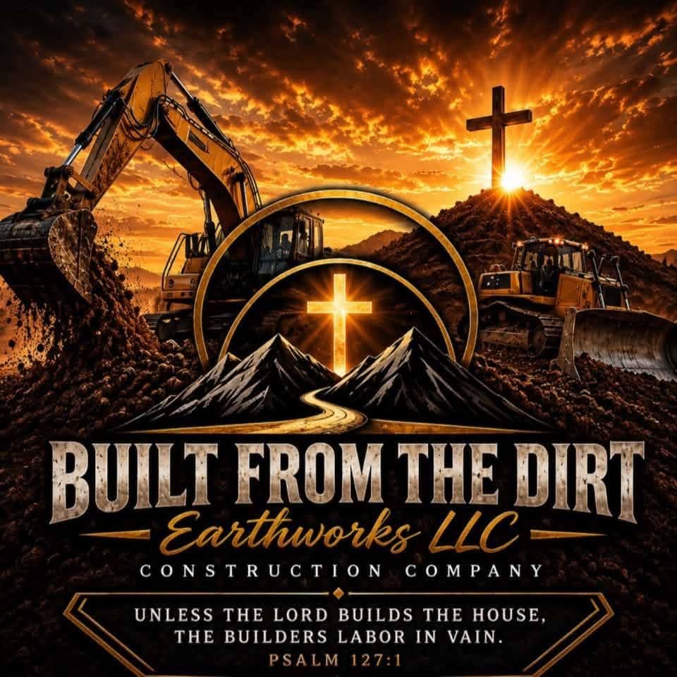 Earthworks company logo with excavators, dirt, glowing cross, and sunset sky