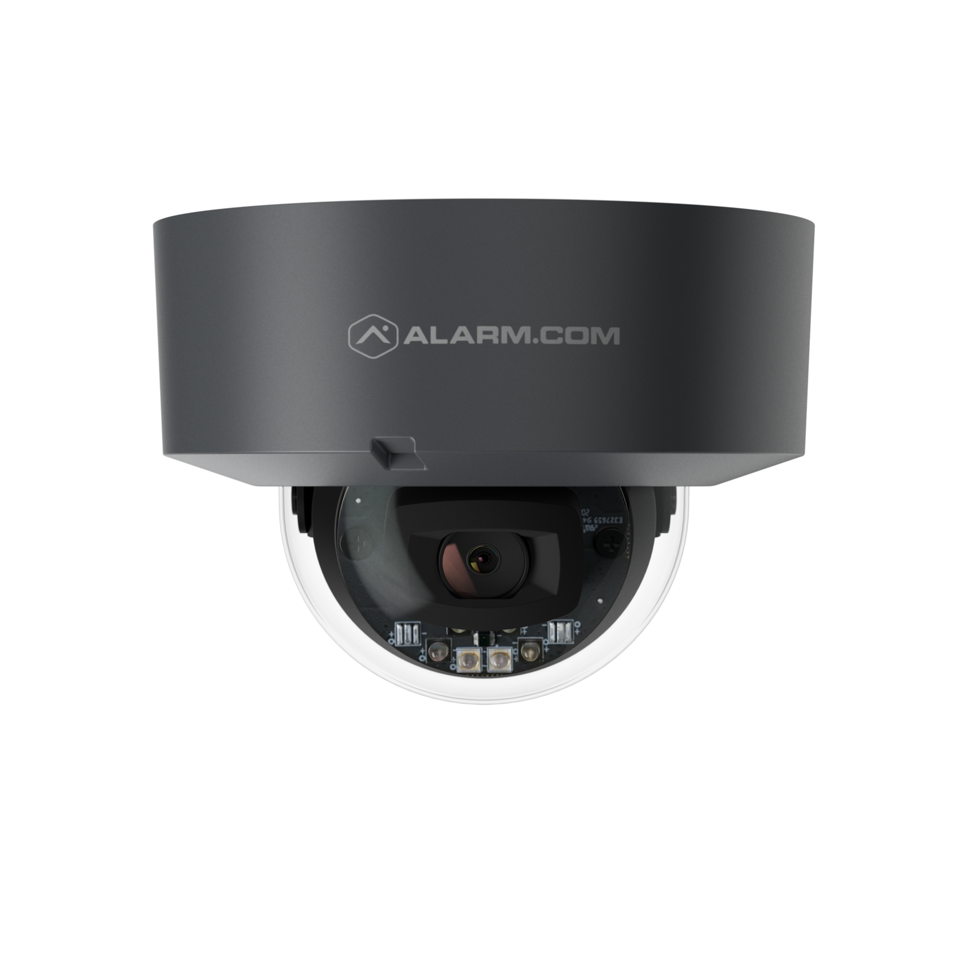Alarm.com dome security camera with black housing and visible lens on a white background