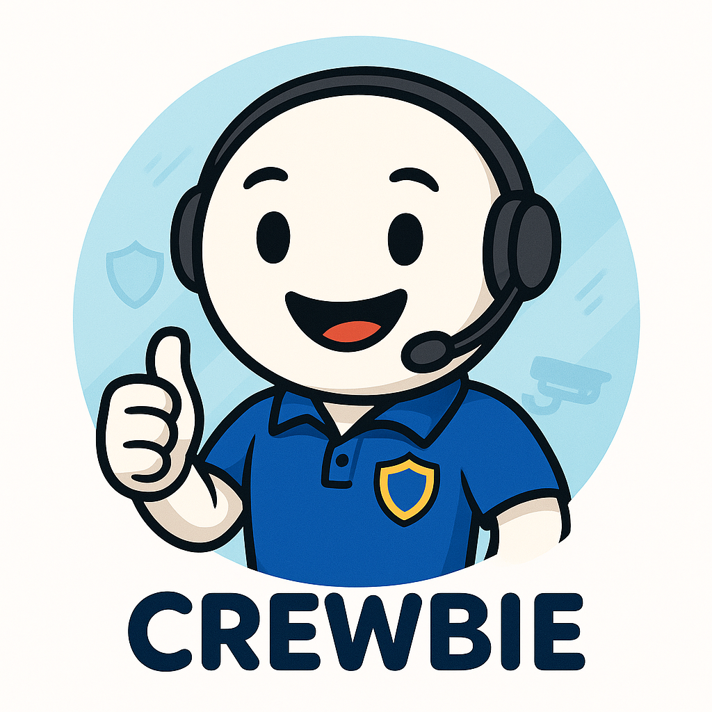 Crewbie logo with a smiling headset-wearing support mascot giving a thumbs-up on a blue background.