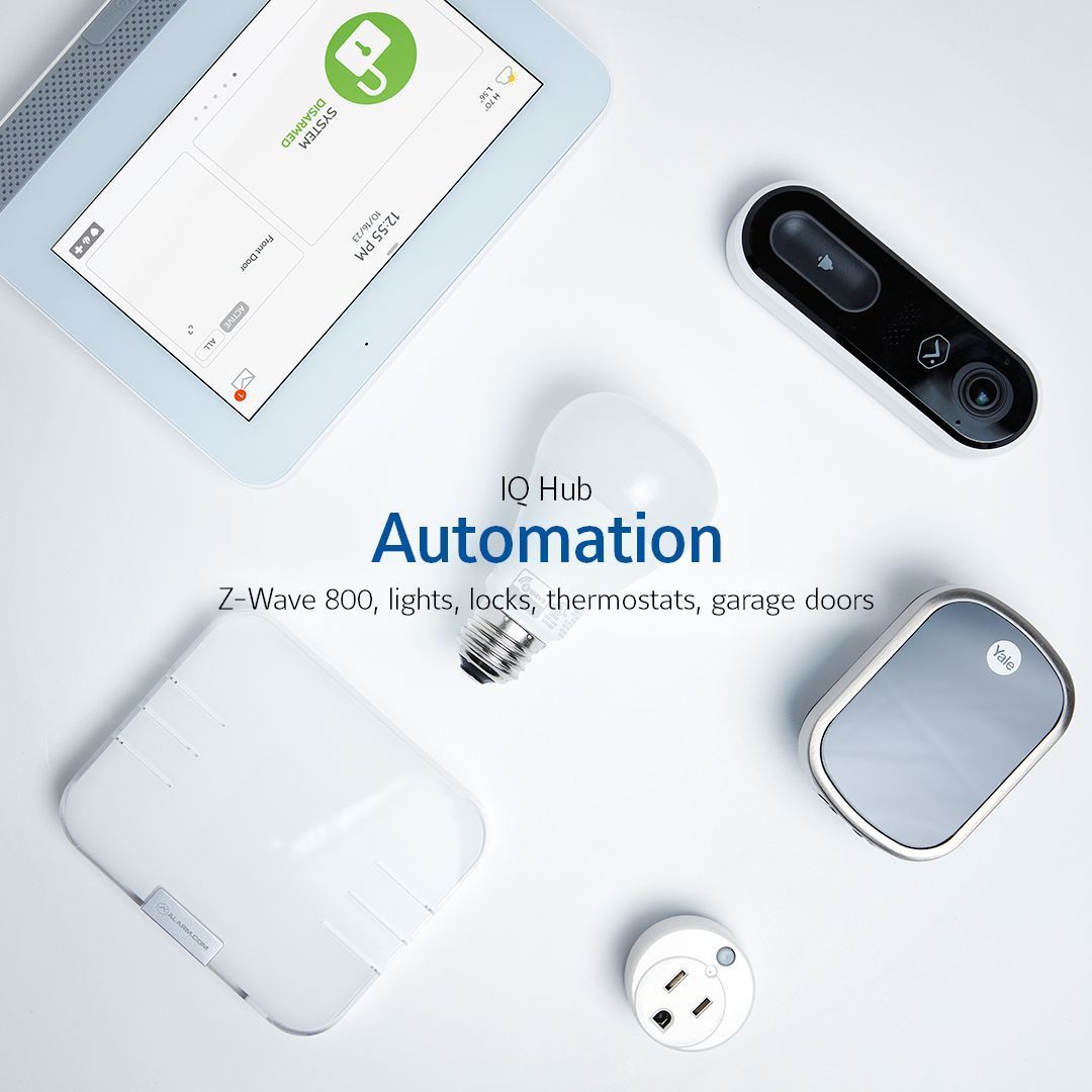 Smart home automation layout with app logo, devices, remote, switch, and plug on a light background
