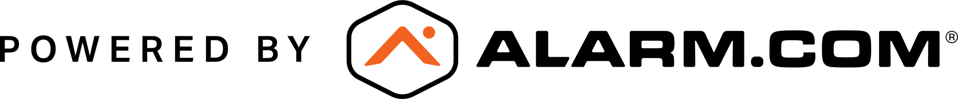 Alarm.com logo with orange house icon and “POWERED BY” text on white background