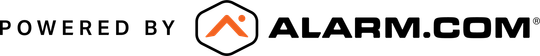 Alarm.com logo with orange house icon and “POWERED BY” text on white background