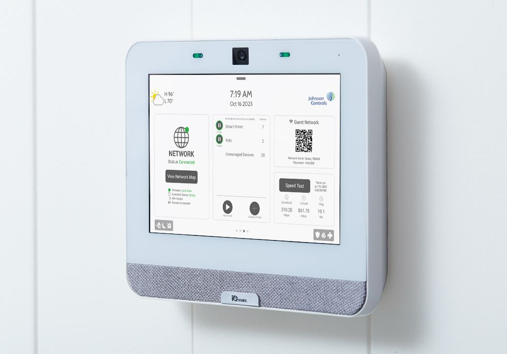 Wall-mounted touchscreen security panel with “WiFi and Security Together” and “In One Platform” text.