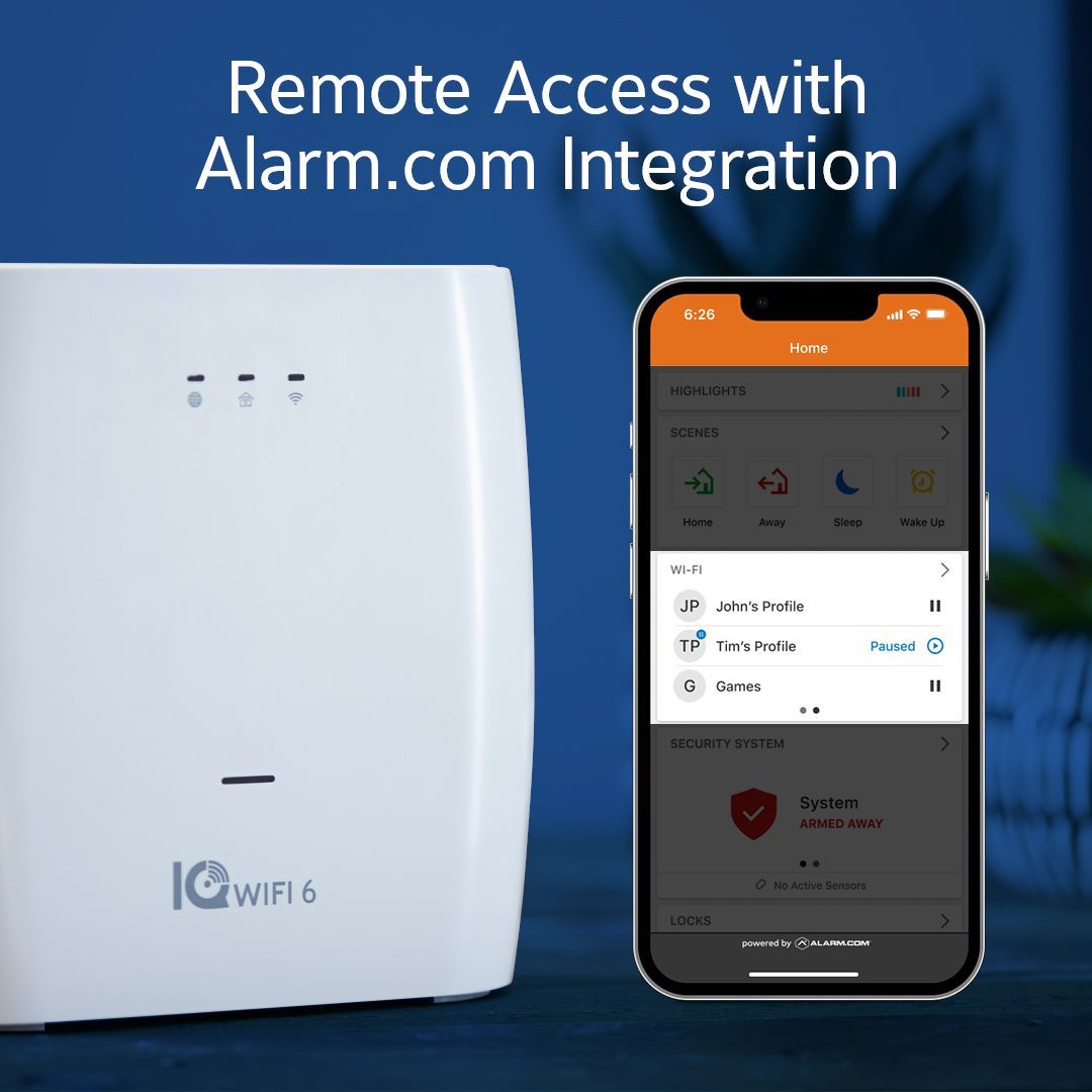 Alarm.com remote access ad showing a white IQ WiFi 6 device and a smartphone app on a blue background