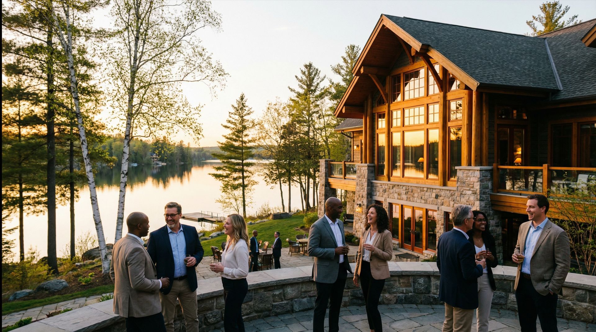 A group of professionals in business casual attire mingle on a stone patio overlooking a lake at sunset near a large home.
