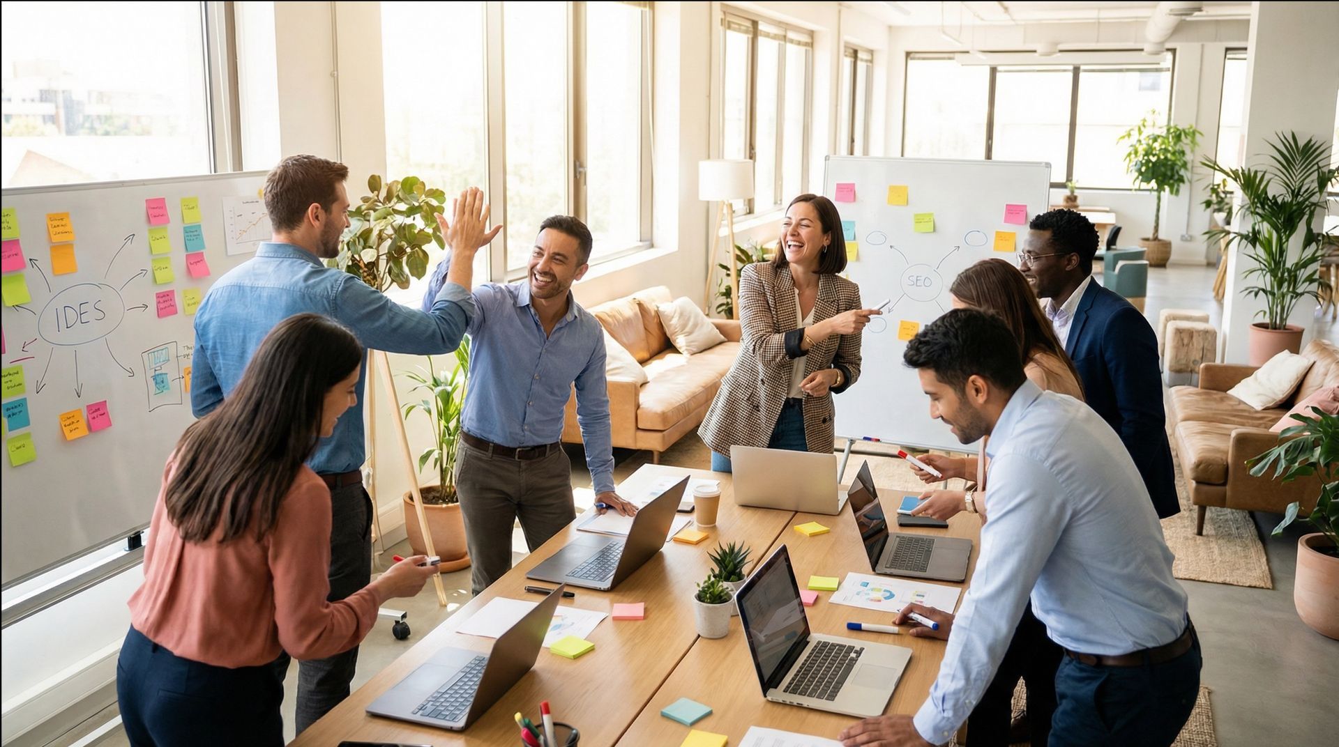 A team in a bright, modern office celebrates with a high-five during a collaborative meeting around a table with laptops.