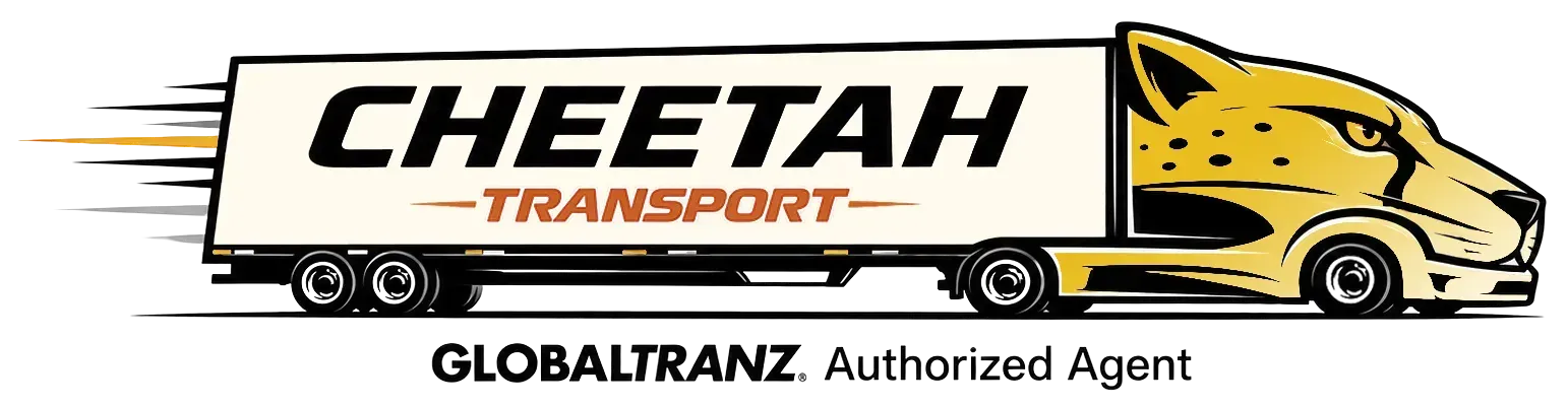 A logo for cheetah transport, a freight truck with a cheetah head cab.