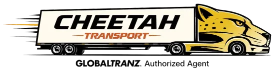A logo for cheetah transport, a freight truck with a cheetah head cab.