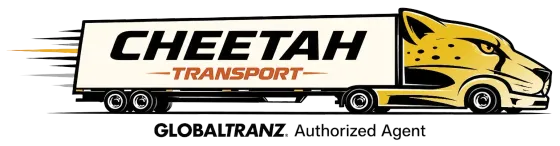 A logo for cheetah transport, a freight truck with a cheetah head cab.