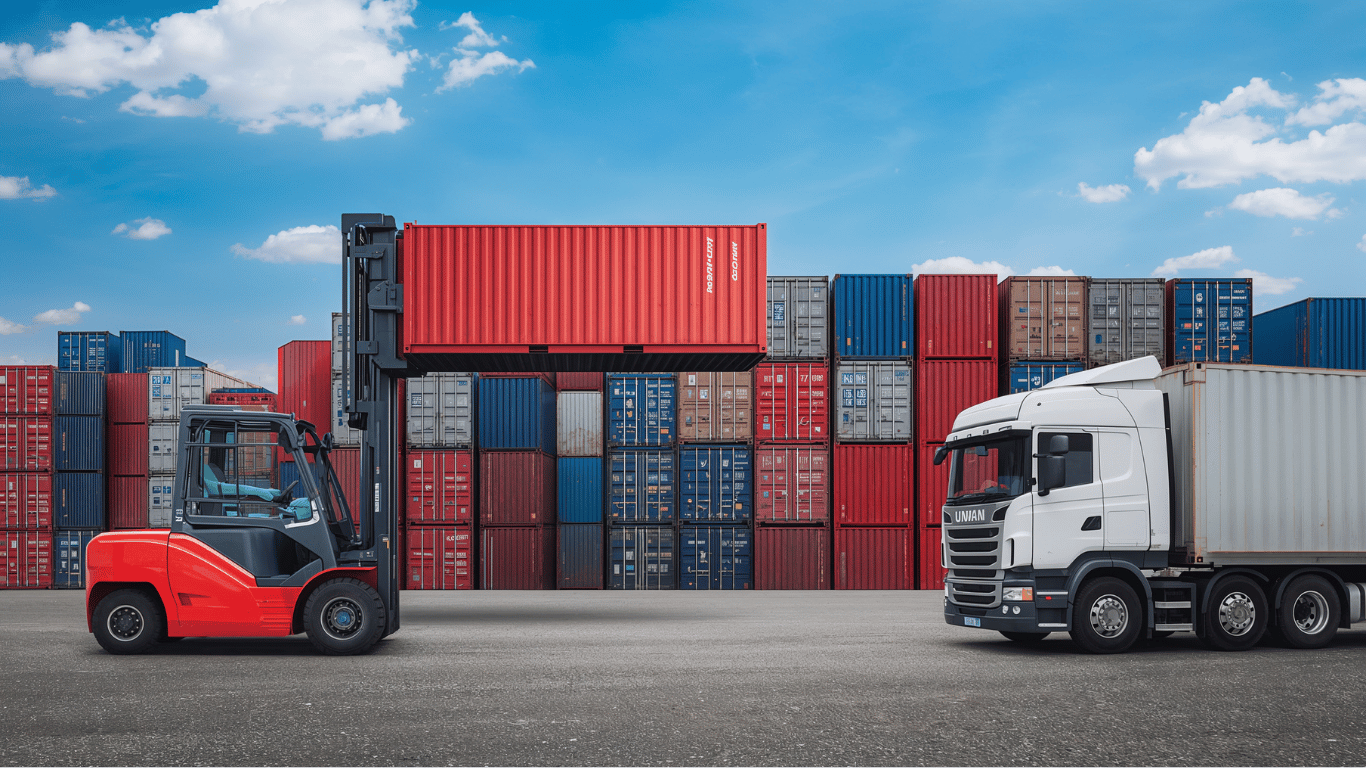 A forklift and truck in a shipping yard