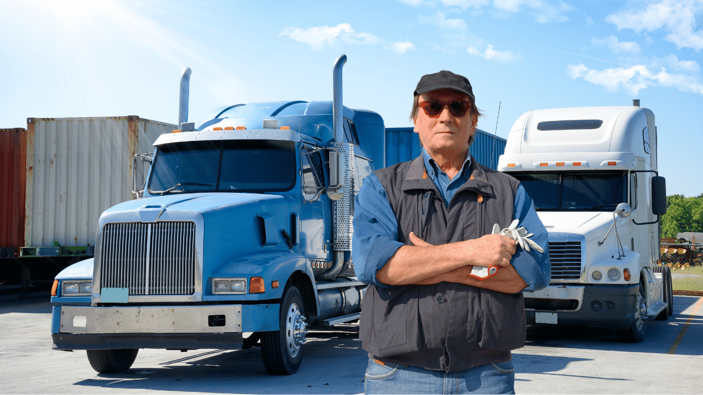 A man with white gloves standing in front of two freight trucks