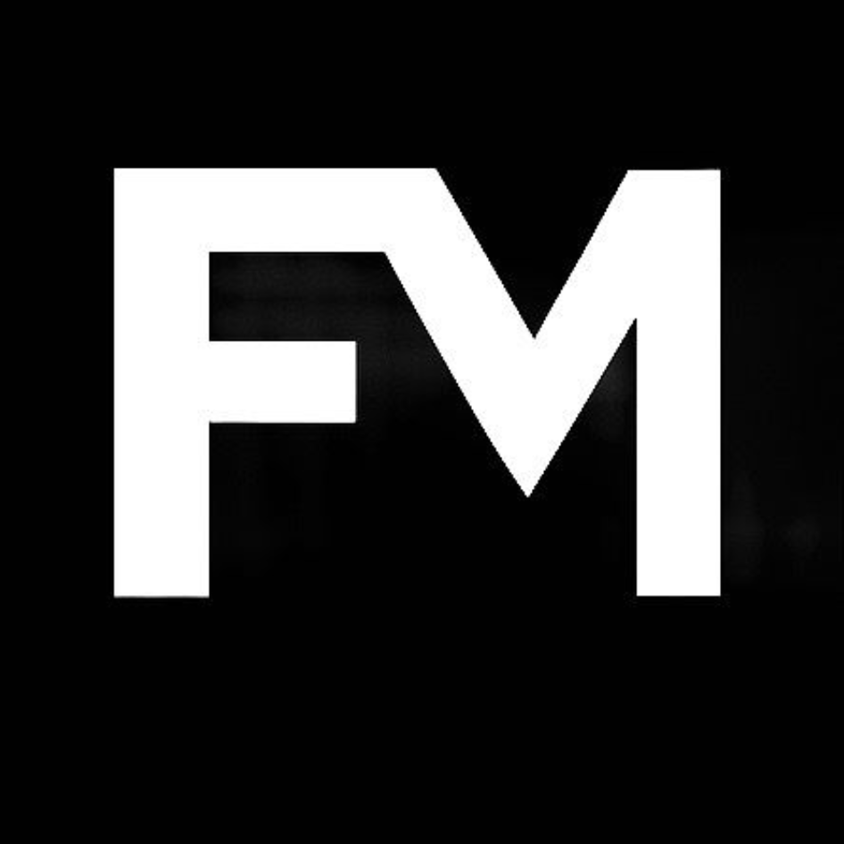 White "FM" initials on a black background.