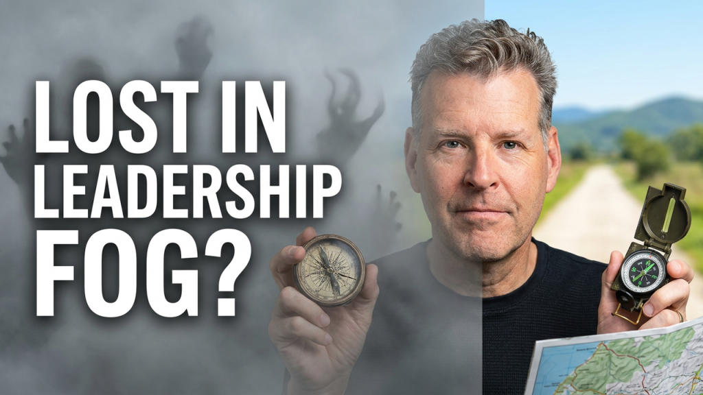 Pete Behrens holding compass and binoculars beside map, with text “LOST IN LEADERSHIP FOG?”