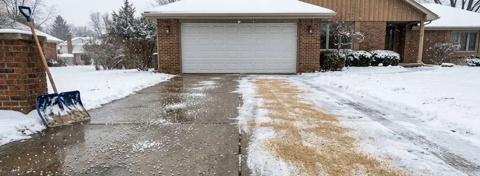 Snowy suburban driveway with a garage, partially shoveled, and a blue snow shovel on the left.