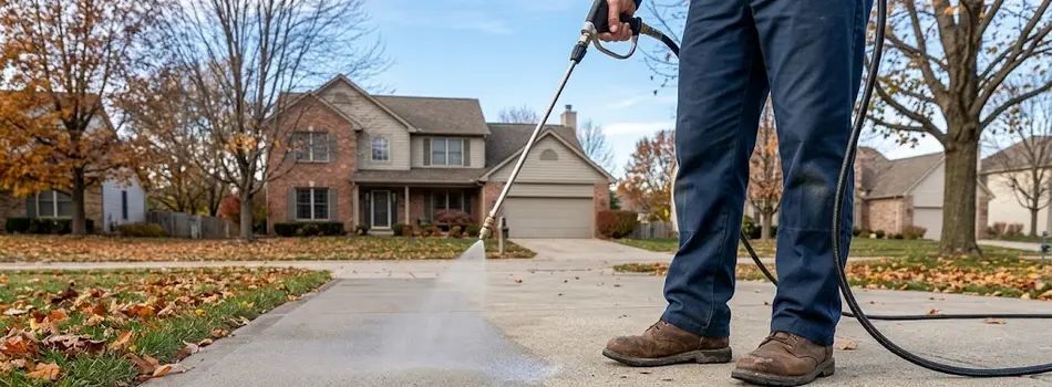 Worker spraying concrete driveway in front of suburban house with autumn leaves.