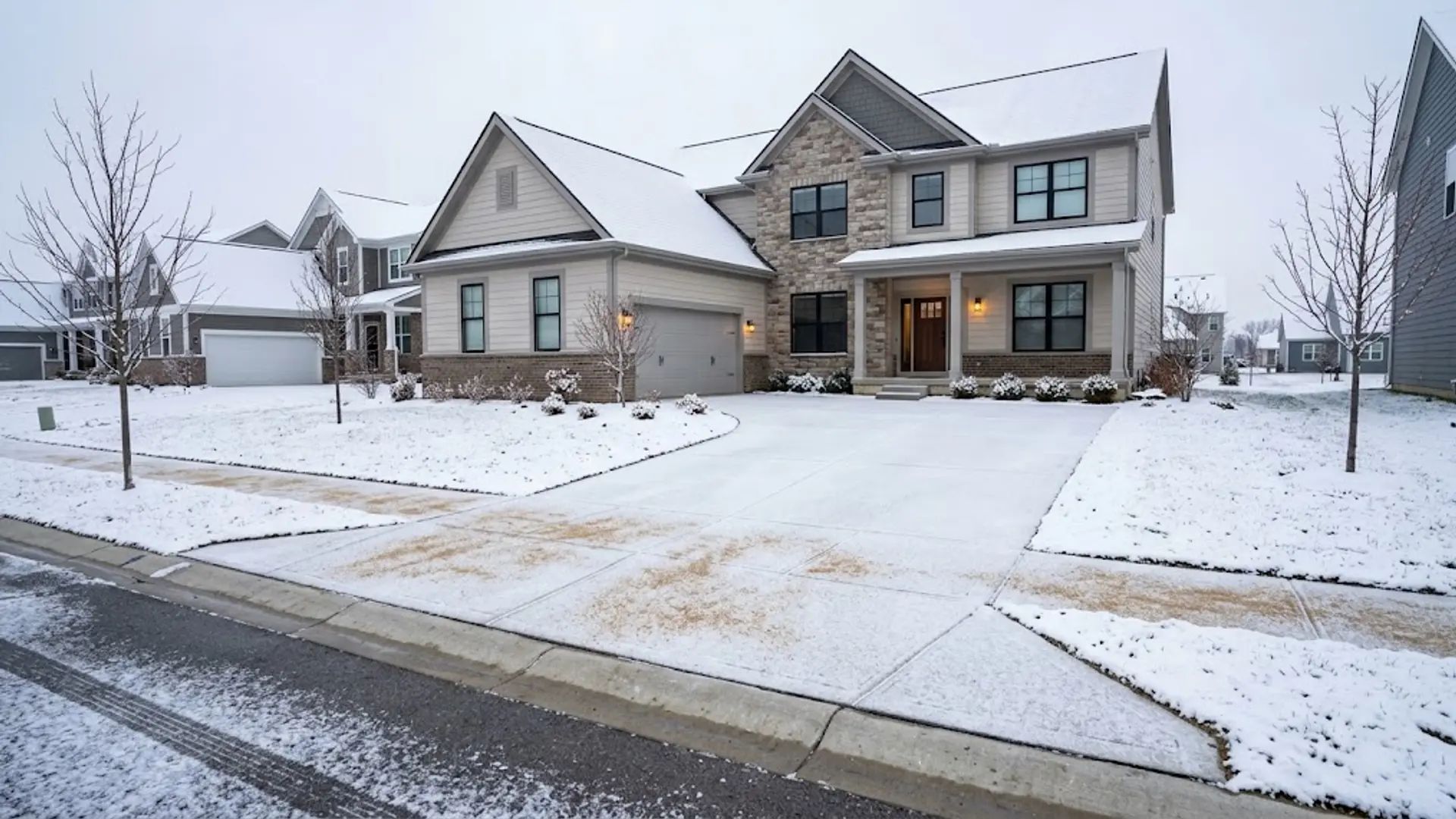 Snow-covered suburban houses and driveways on a quiet residential street.