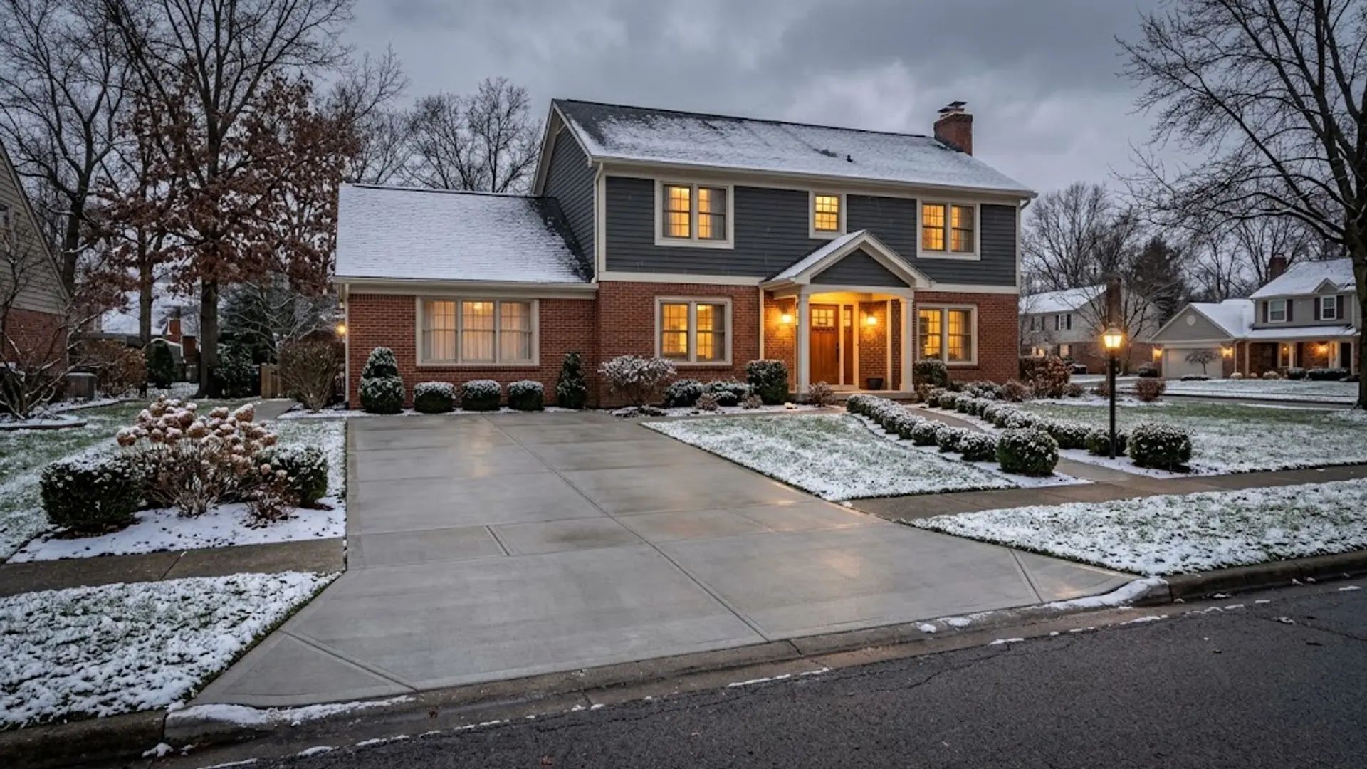 Snow-dusted suburban house at dusk with warm porch lights and a wide driveway
