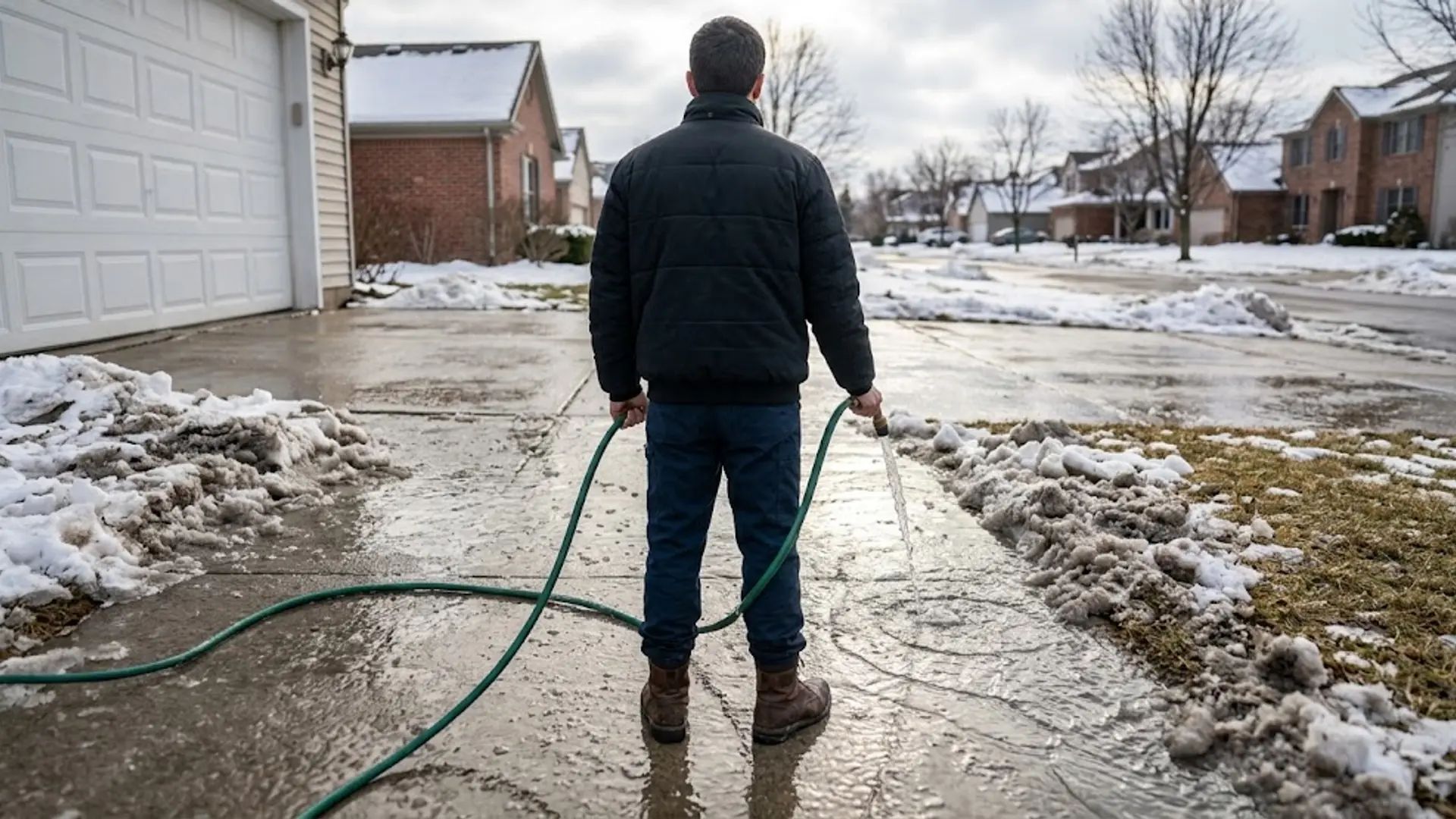 Person standing on a snowy driveway holding a green hose in a suburban neighborhood