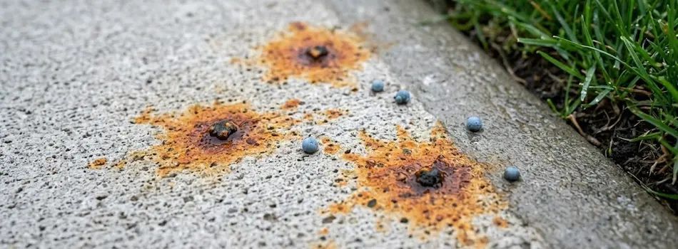 Three orange rust stains on a concrete sidewalk near grass