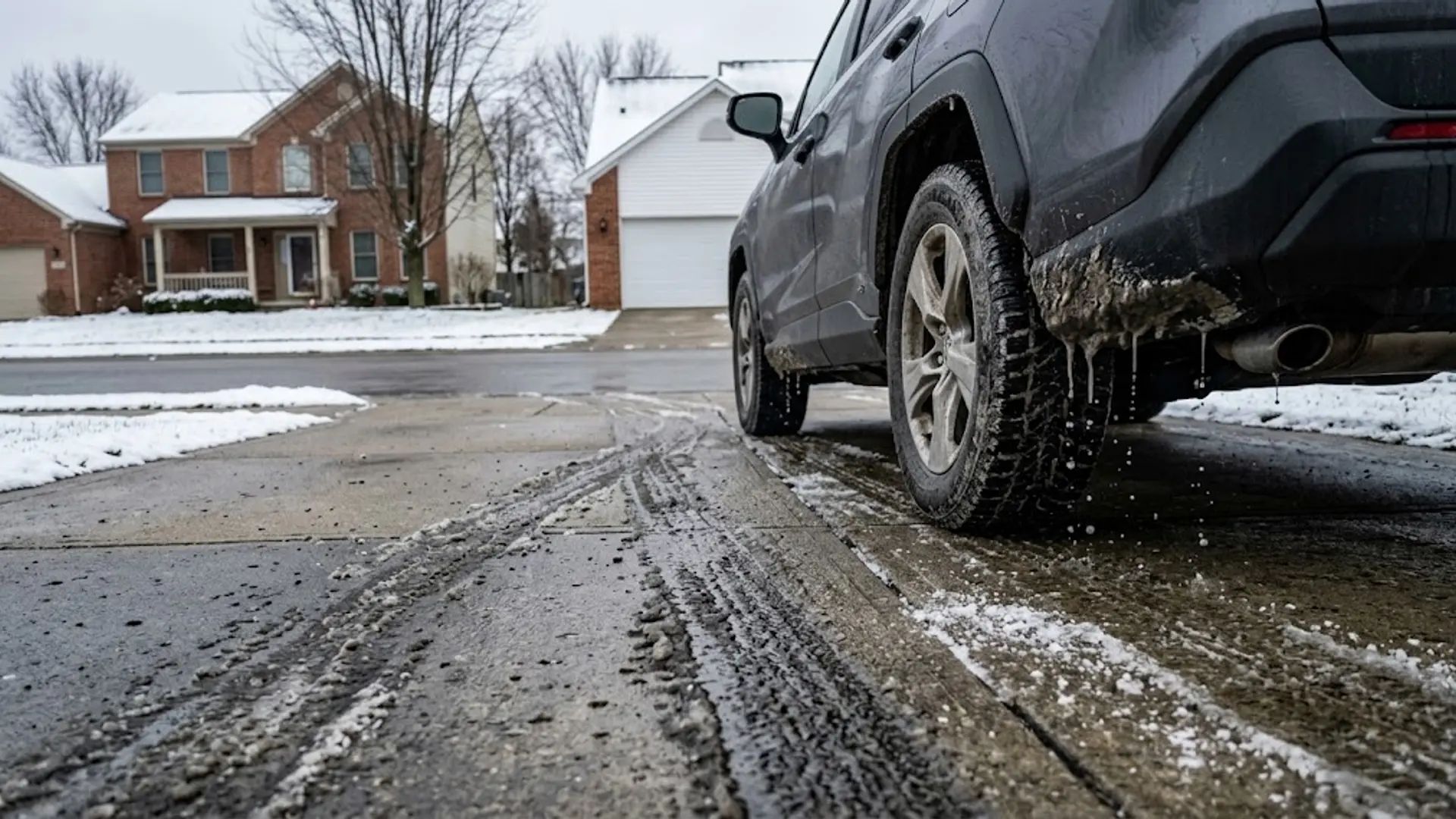Black SUV on a slushy driveway in a snowy suburban neighborhood