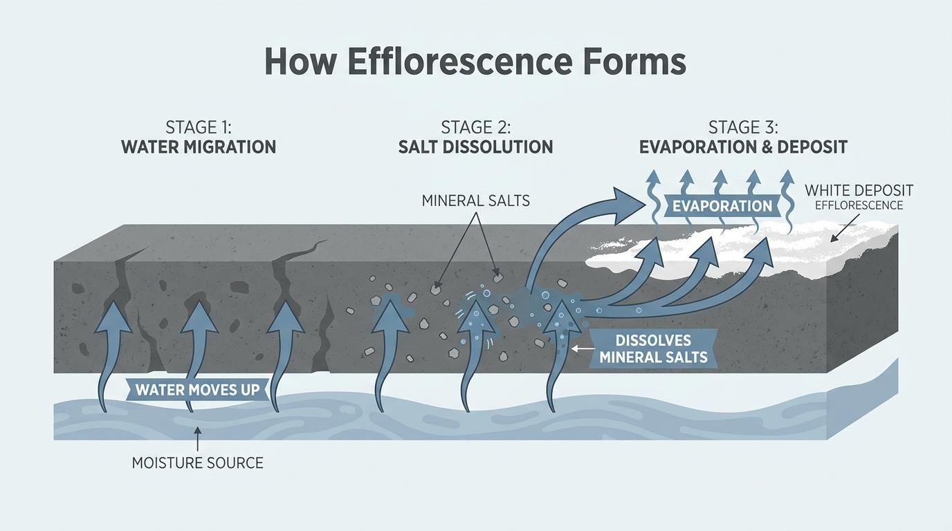 What causes efflorescence on concrete