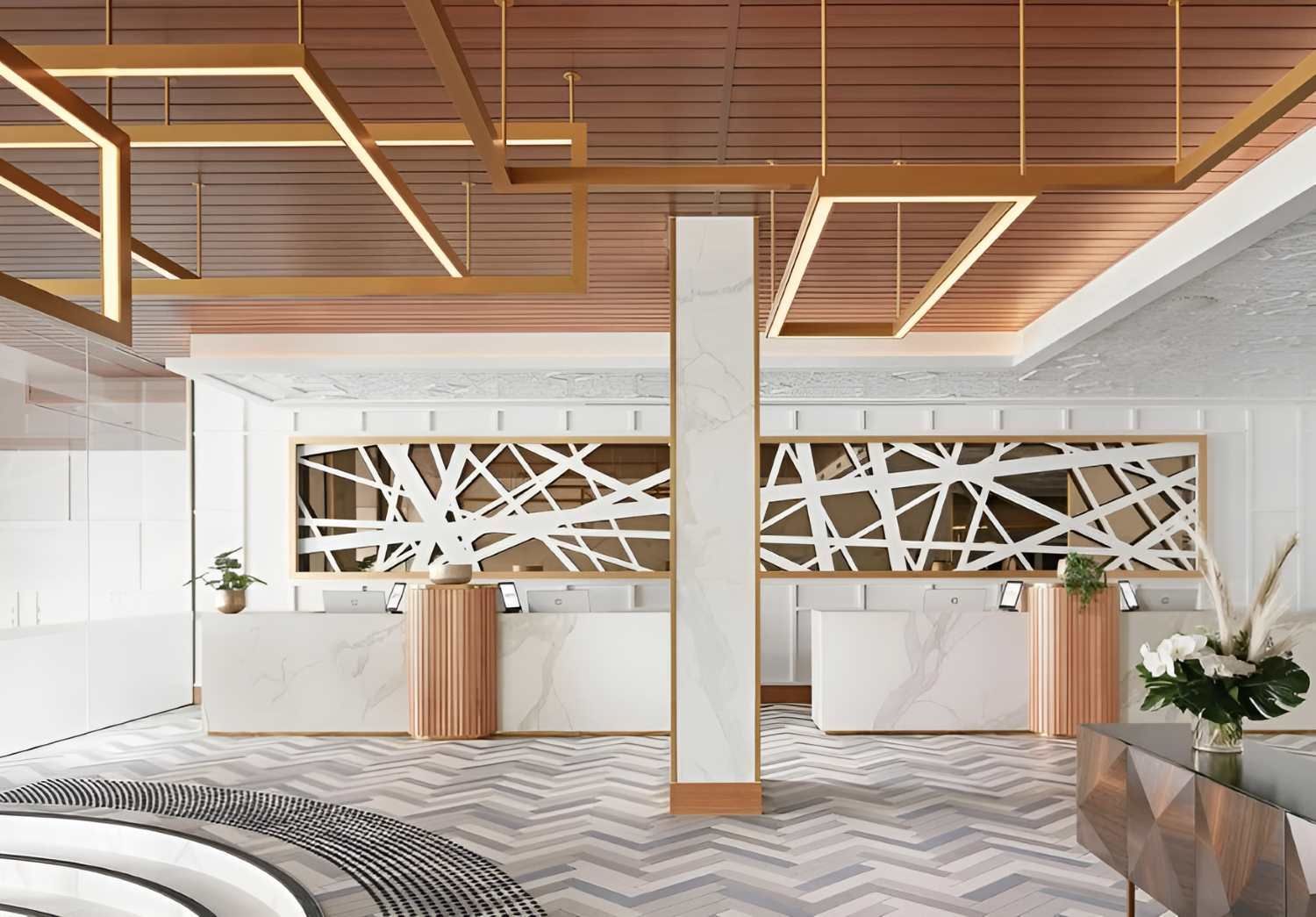 A Lobby of a Hotel With a Wooden Ceiling and Marble Counters — Kitchens by CCJS in Bungalow, QLD