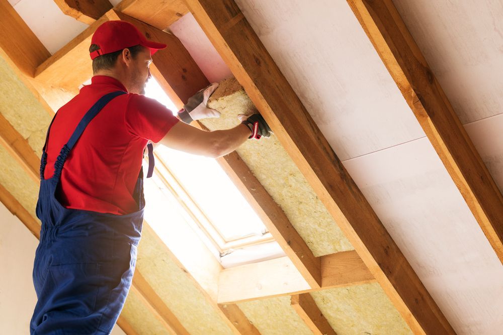 Man Installing Insulation in Attic. Red Shirt, Blue Overalls, Holding a Tool — Kev's Group QLD in Kawana, QLD