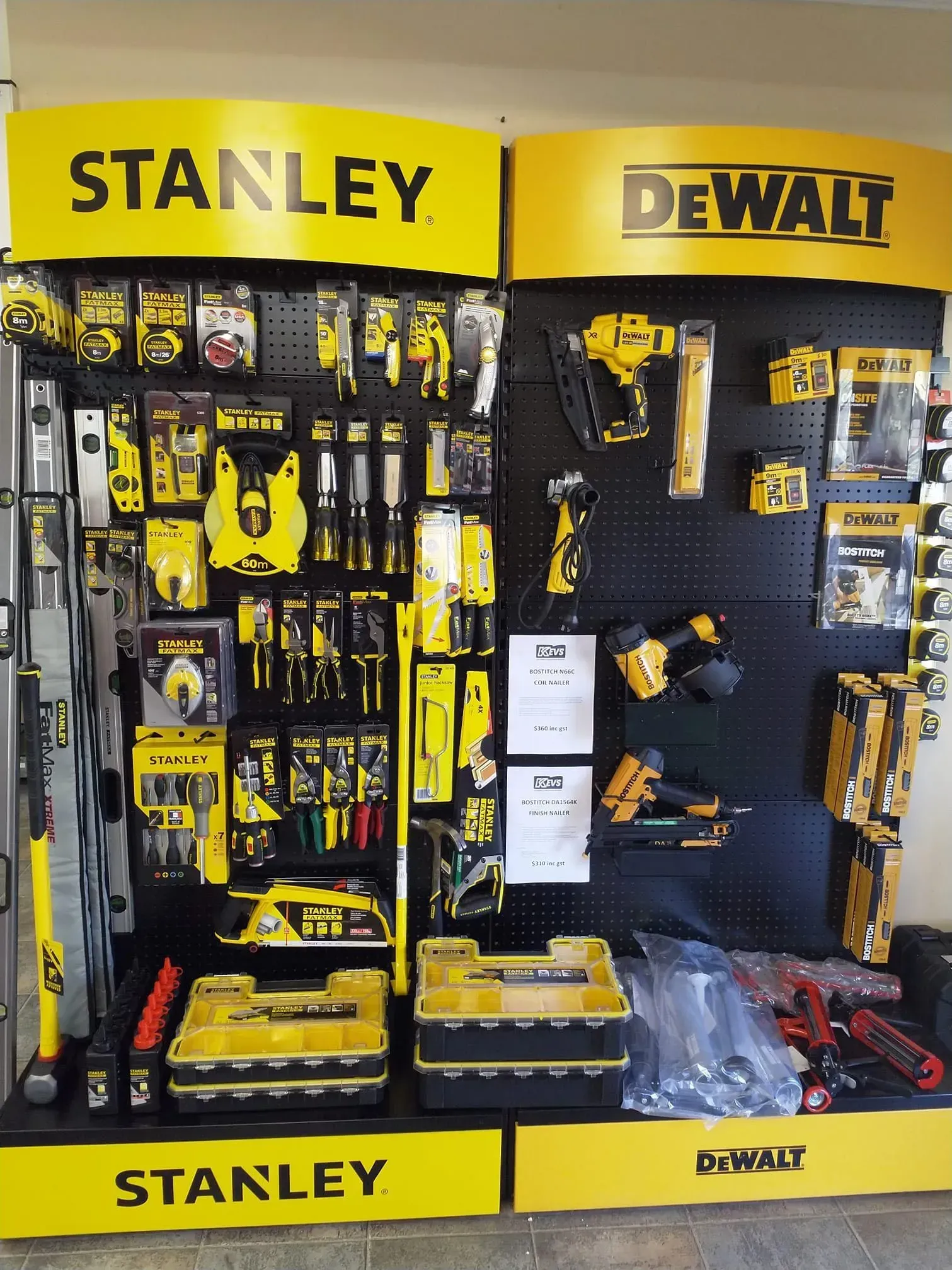 Stanley and Dewalt Tools Displayed on a Store Wall — Kev's Group QLD in Kawana, QLD