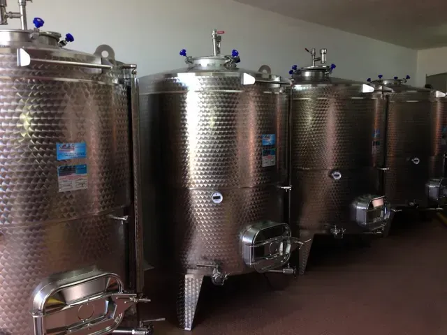 Serbatoi di fermentazione del vino in acciaio inossidabile in una cantina vinicola.