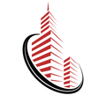Red stylized high-rise buildings within a black arc on a white background.