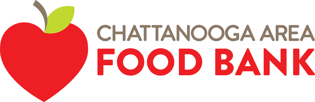 The logo for the chattanooga area food bank is a red apple with a green leaf.