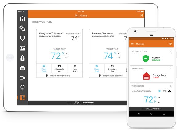 A tablet and a cell phone with a thermostat app on them.