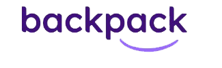 Purple “backpack” wordmark with a curved smile underline on a white background