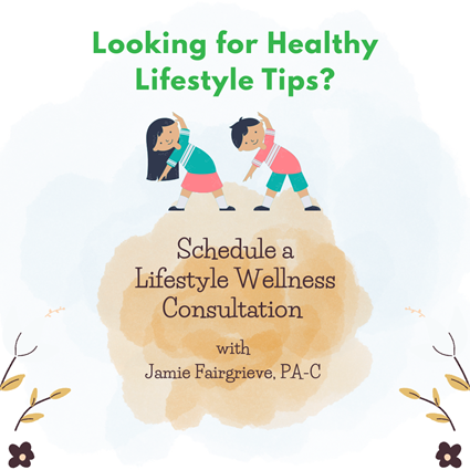 Healthy lifestyle tips poster with two people stretching and text for a lifestyle wellness consultation.