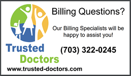 Trusted Doctors billing help ad with logo, phone number (703) 322-0245, and website trusted-doctors.com