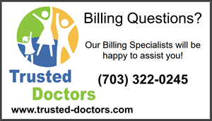 Trusted Doctors billing help ad with logo, phone number (703) 322-0245, and website trusted-doctors.com