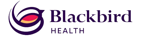 Blackbird Health logo with purple and orange bird icon and text on white background