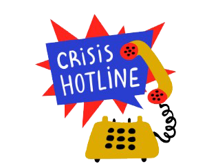 Crisis hotline sign with red burst, blue text box, yellow phone, and curly cord