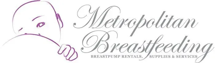 Metropolitan Breastfeeding logo with stylized baby and cursive text in gray and purple