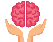 Pink brain held by two hands, symbolizing support for mental health or care