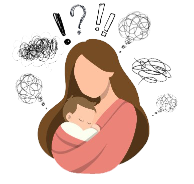 Mother cradling sleeping baby, surrounded by scribbled stress symbols and question marks