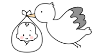 Cartoon stork carrying a bundled baby in a sack