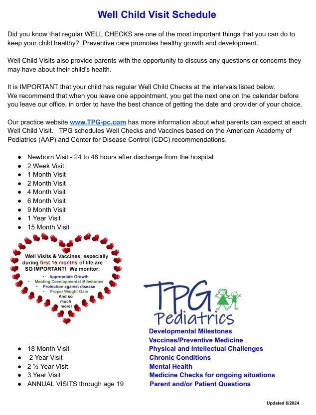 Flyer titled “Well Child Visit Schedule” with pediatric checkup milestones and TPG Pediatrics contact information.